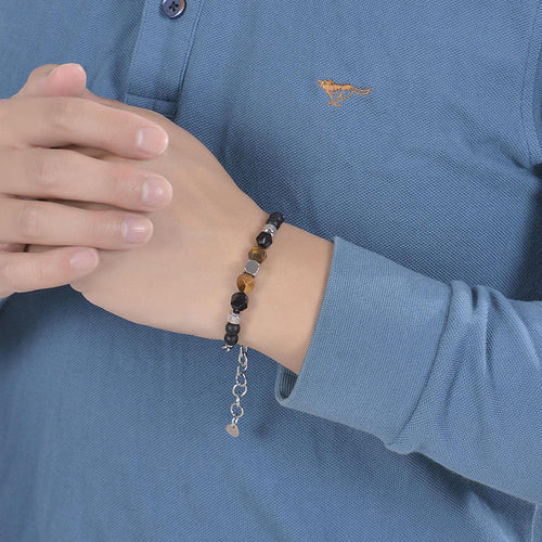 Frosted Stone Classic Gift Stainless Steel Beaded Natural Stone Men's Bracelet