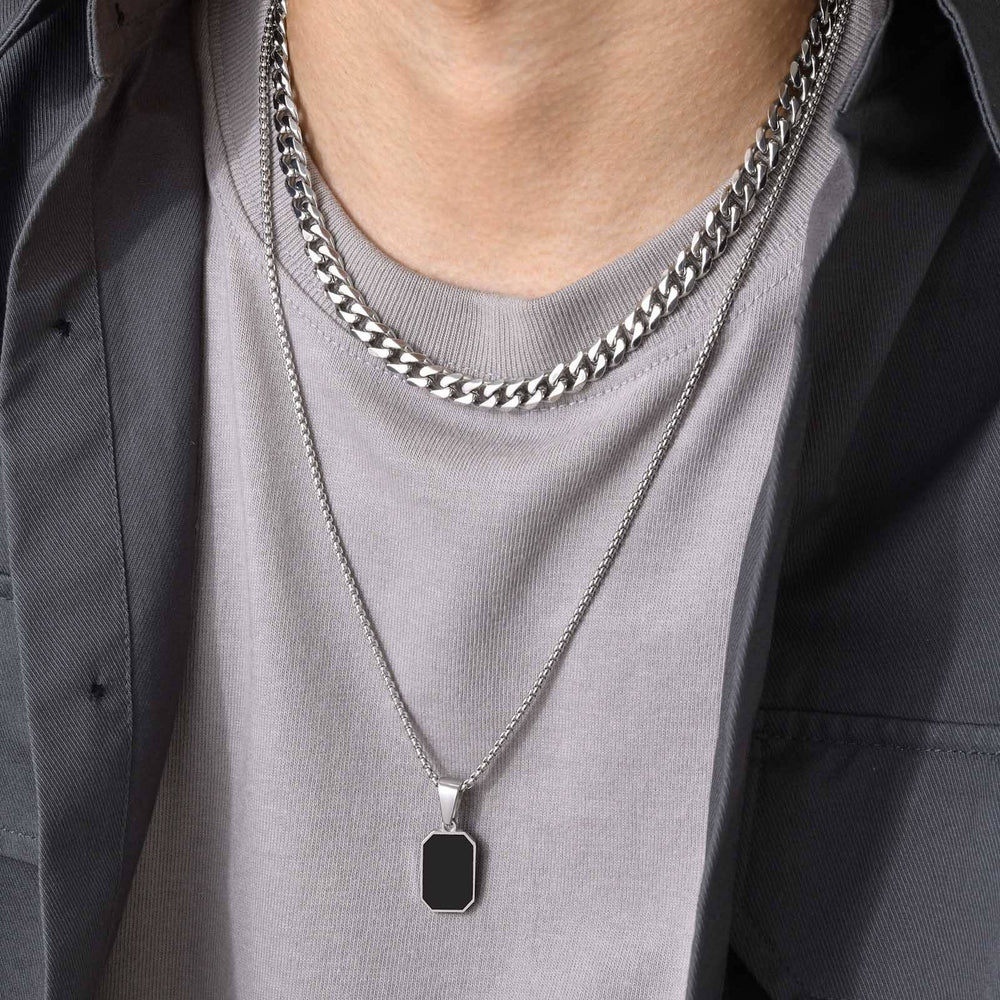 Stainless Steel Jewellery Double Layer Cuban Chain Geometric Rectangular Black Pendant Necklace for Men