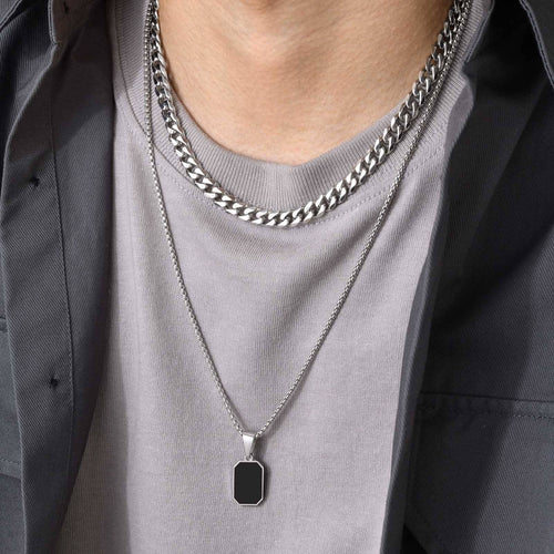 Stainless Steel Jewellery Double Layer Cuban Chain Geometric Rectangular Black Pendant Necklace for Men