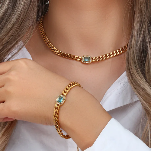 Stainless Steel Cuban Chain Jewelry Set for Women with Colorful Zircon 18k PVD Gold Plated High Quality Cuban Necklace