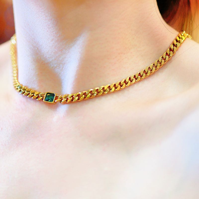 New Geometry Green Zircon Necklace 18K Gold Plated Stainless Steel Jewelry Non Fading Necklace for Mothers Day